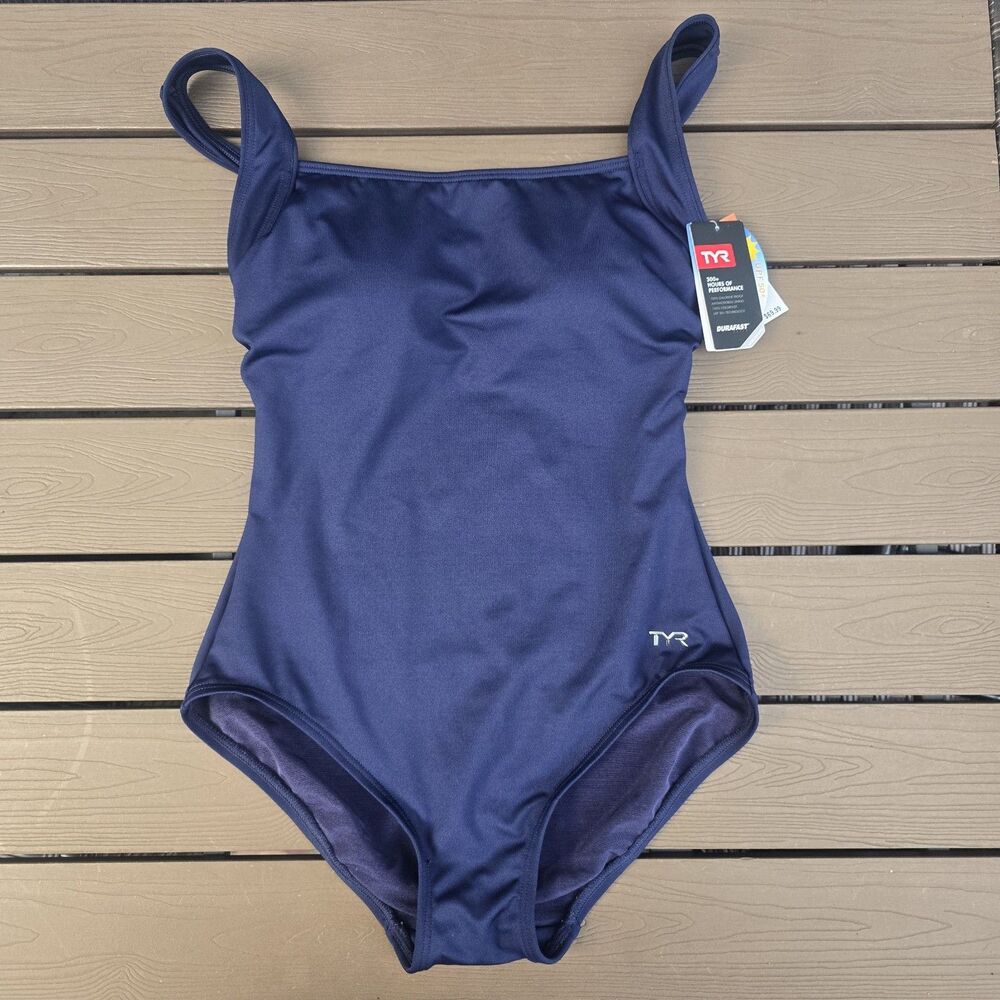TYR Women's Solid Navy Blue Square Neck Controlfit One Piece Swimsuit Sz 8 New